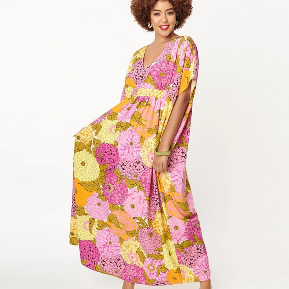 Unique Vintage Pink and Yellow Floral Dress Caftan NWOT